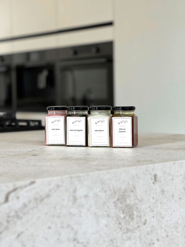 Pack découverte aux 4 miels : Nigelle, Rose de Russie, blanc de Kirghizistan, et Jujubier